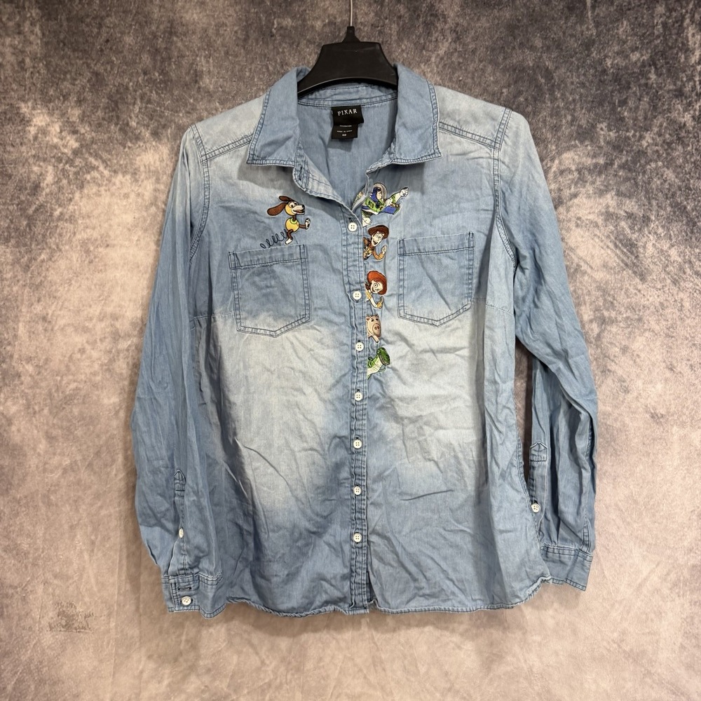 Disney Pixar Toy Story Women's 00 Blue Denim Shirt Embroidered Characters